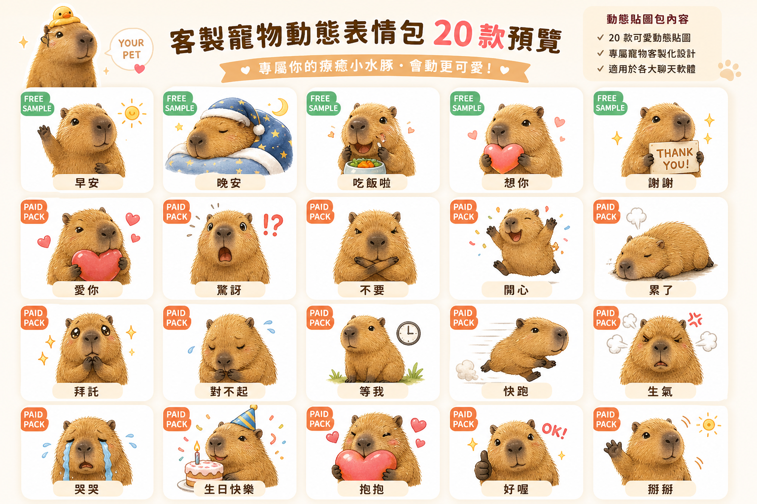 Capybara custom pet sticker pack demo with 20 cute chat stickers