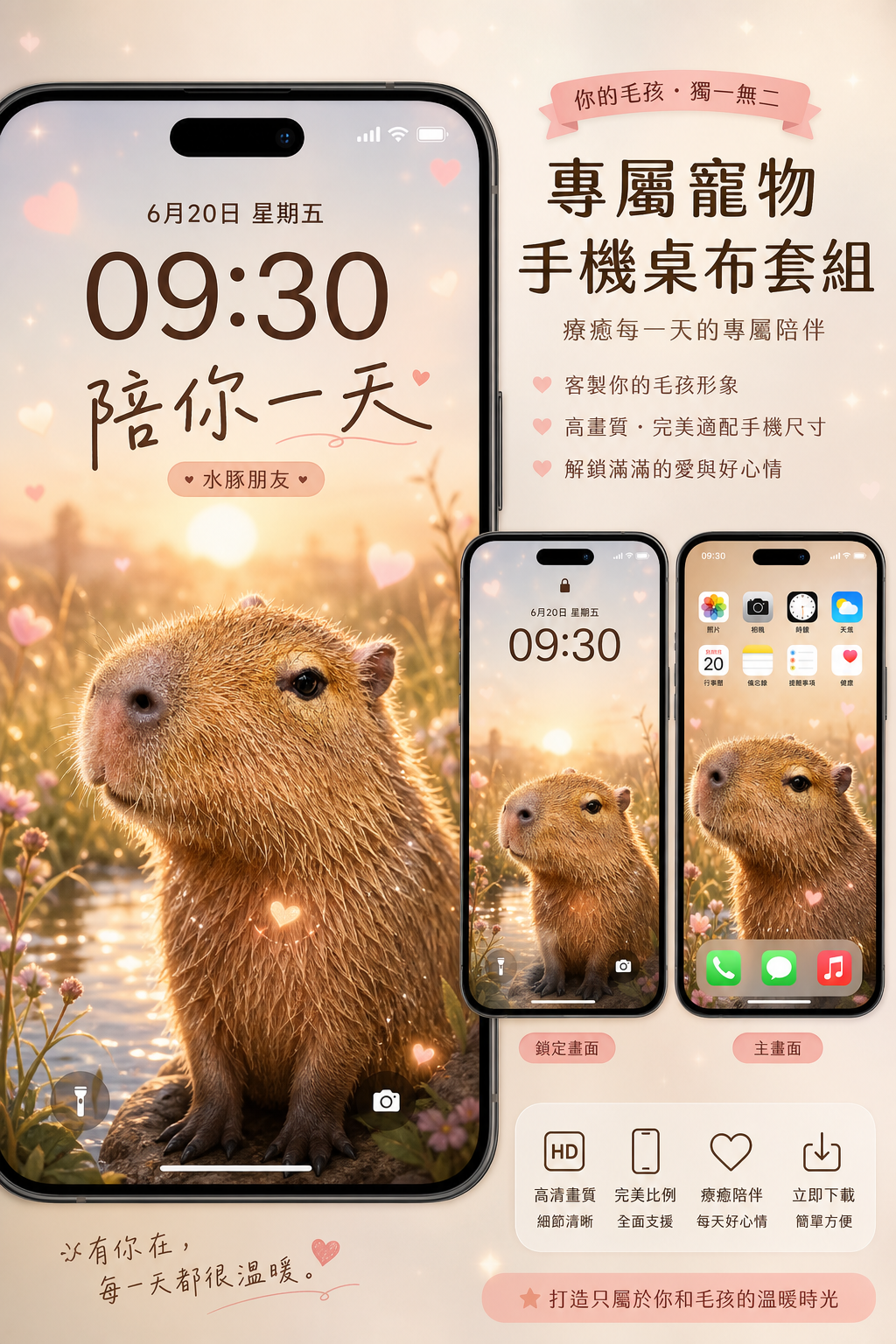 Capybara custom pet phone wallpaper demo with lock screen and home screen preview